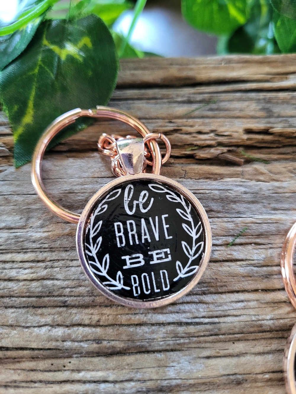 Rose Gold 'Be Brave Be Bold' Round Pendant Keychain